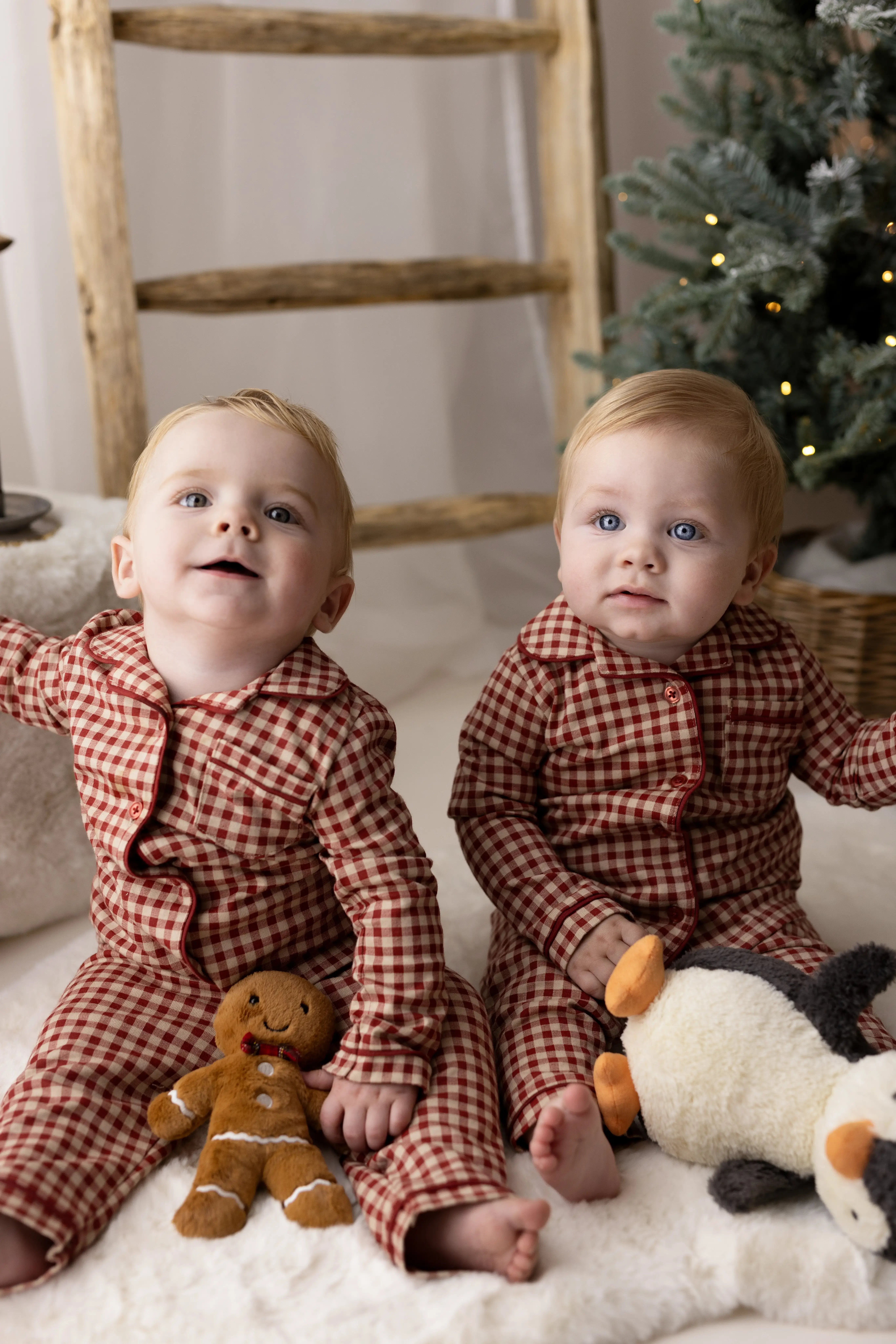 Two baby boys in matching red gingham pyjamas, sitting side by side and holding plush holiday toys, creating a sweet twin Christmas minis moment.